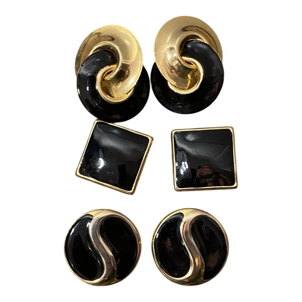 Vintage Set of 3 Black and Gold Vintage 1980s Art Deco Clip on Earrings